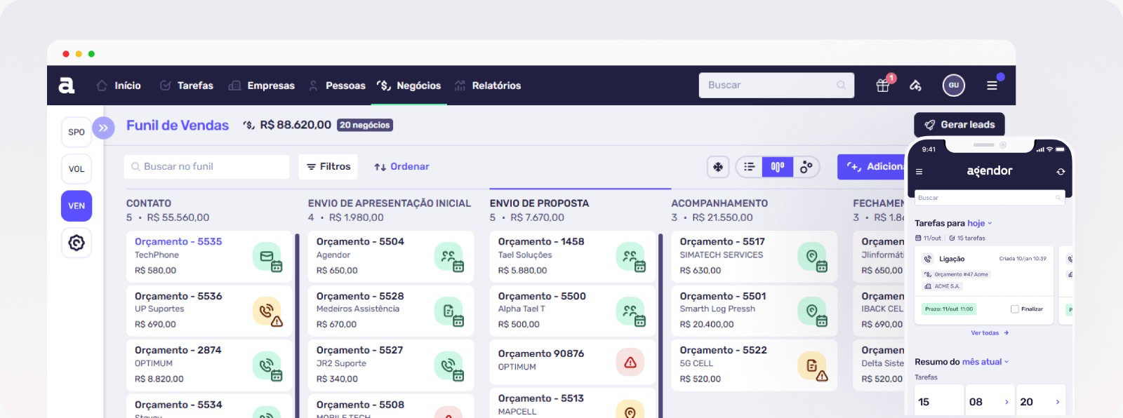 Funil de vendas no Agendor CRM, com negócios organizados por estágio e visão mobile do Agendor Chat